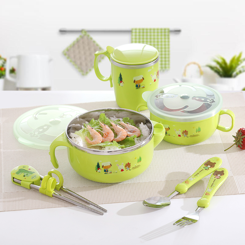 Children cutlery sets Baby water injection insulation bowl Eat Bowl stainless steel anti-fall suction cup Bowl Baby Complementary Bowl Spoon
