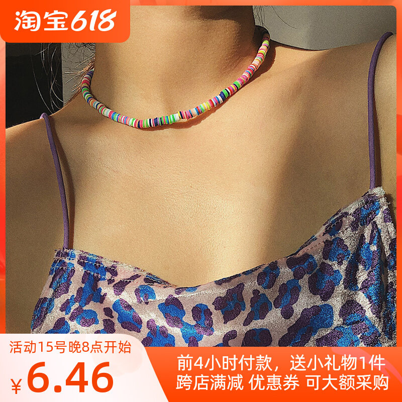 Colorful soft leather pottery necklace woman 2022 European and American INS tide rainbow candy color stringing collarbone chain chocker