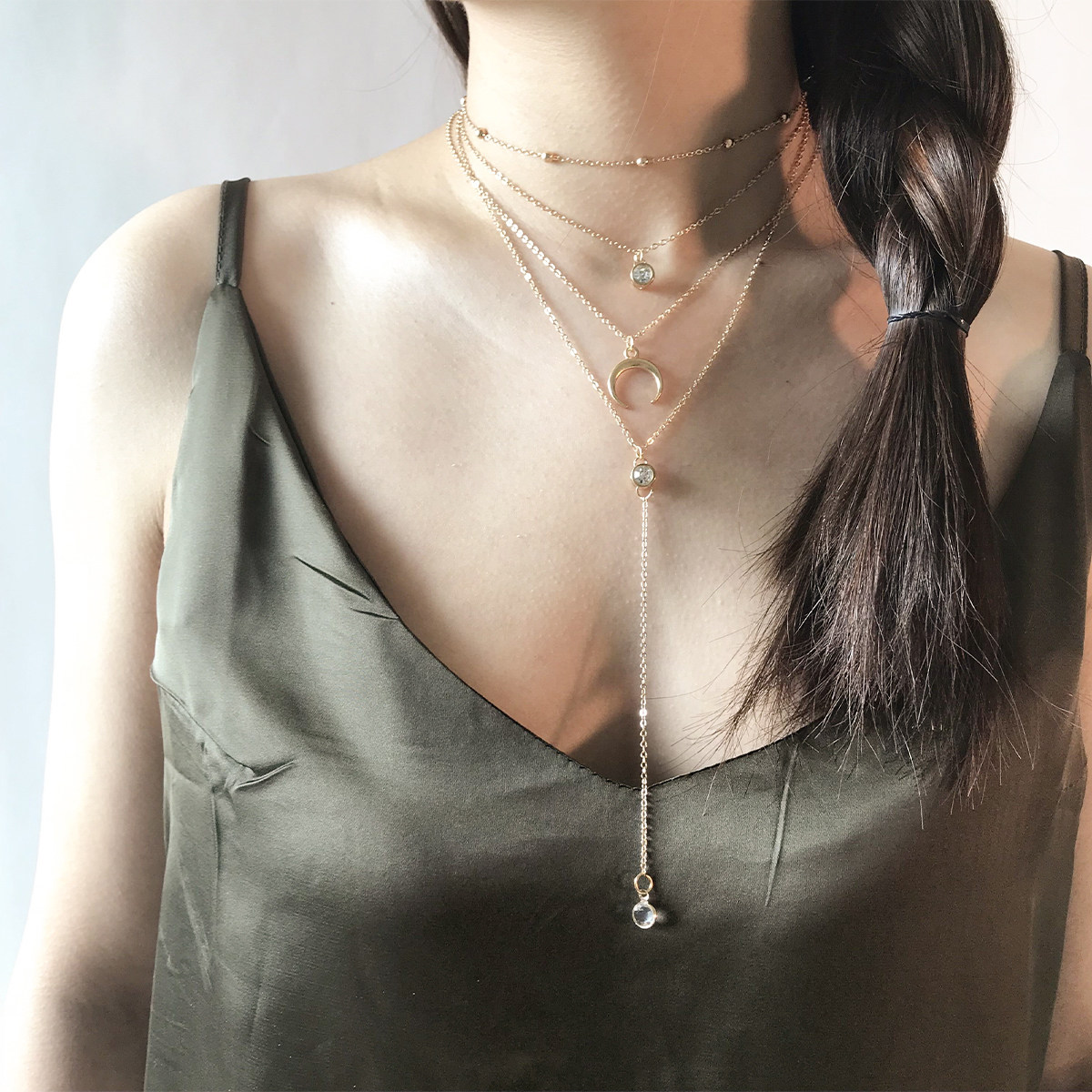 Fashion Water Drill Beds Short Clock Chain Choker Personality Type Y-Layer Necklace Female Combination Set