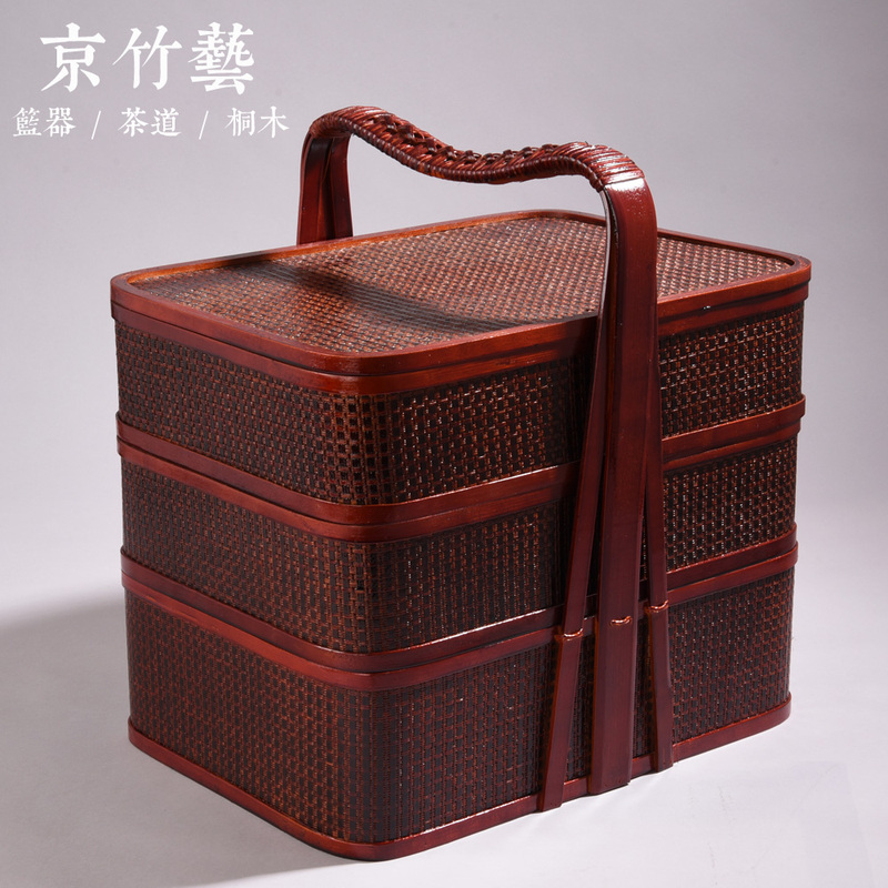 Yuteng Food Basket, Bamboo Woven Basket, Hand-Held Food Delivery Basket, Three-Layer Basket for Offering, Woven Bamboo Basket for Ancient Sacrificial Offerings