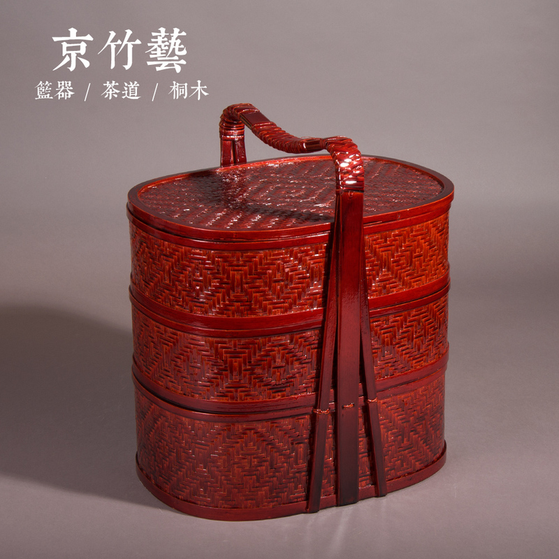 Bamboo Basket Hotel Takeout Delivery Basket Bamboo Woven Food Box Wedding Celebration Home Use Picnic Basket Round Three-Layer