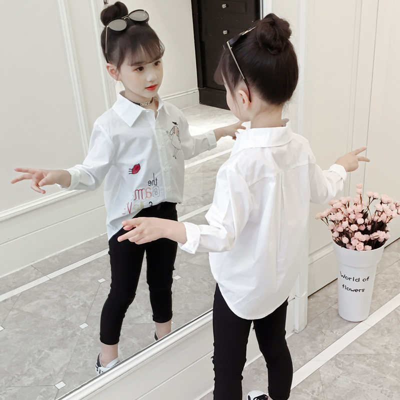 Girls' White Embroidered Shirts Western Style 2022 Spring and Autumn Loose Thin Tops Little Girls Long-sleeved Cotton Shirts