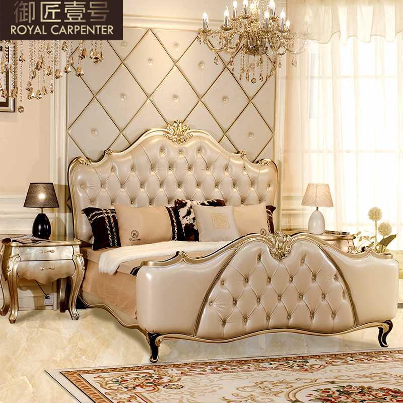 Neoclassical postmodern lavish European style headlayer genuine leather New wedding bed solid wood 1 8 m double bed bedroom bed