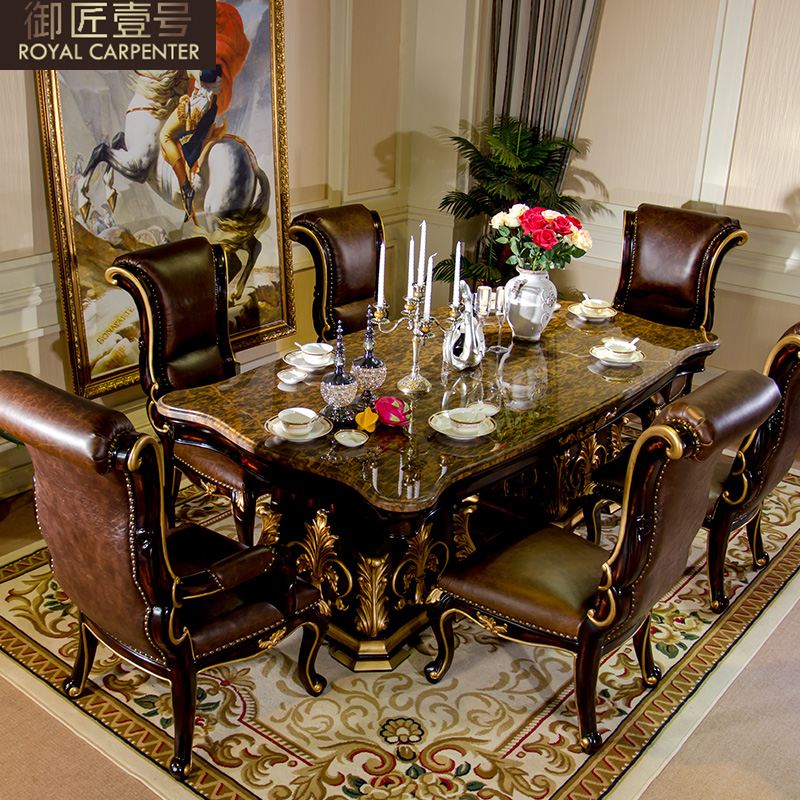 Carpenter 1 luxury villa European style dining table and chairs combined solid wood carved natural marble long table dining chair
