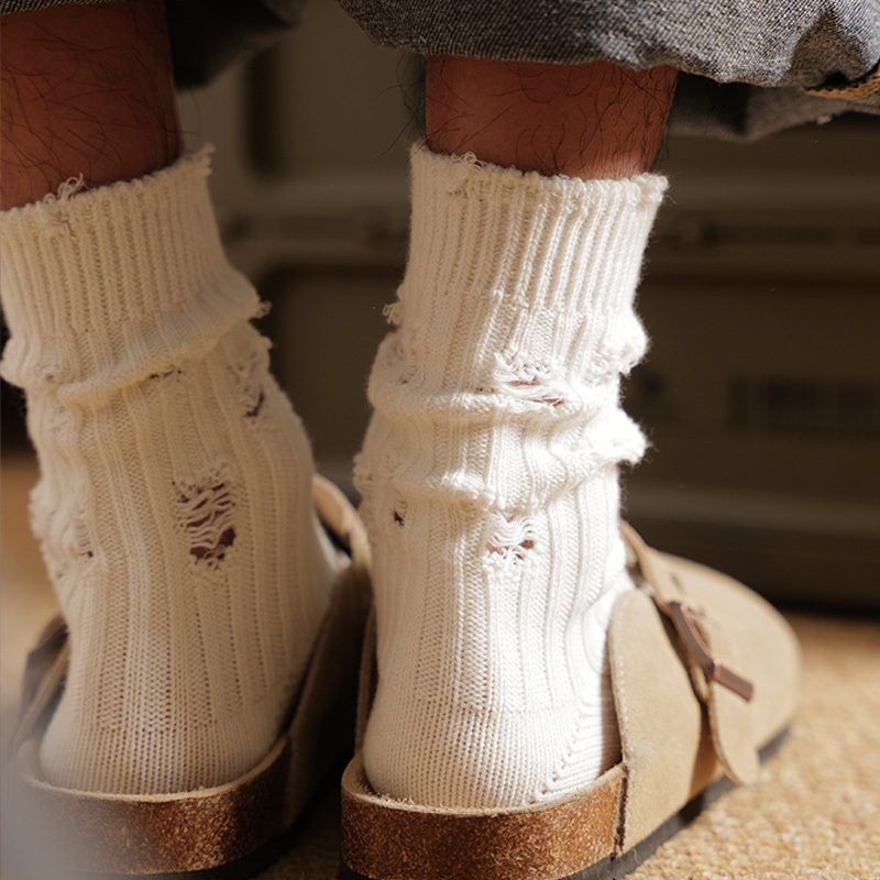 Knitted Ripped Thick-Thread Slouch Socks for Men and Women, White Pure Cotton Mid-Calf Socks, Chunky Knit Industrial Style Solid Color Trendy Socks, Beggar Socks Knitted Ripped Thick-Thread Slouch Socks for Men and Women, White Pure Cotton Mid-Calf Socks, Chunky Knit Industrial Style Solid Color Trendy Socks, Beggar Socks