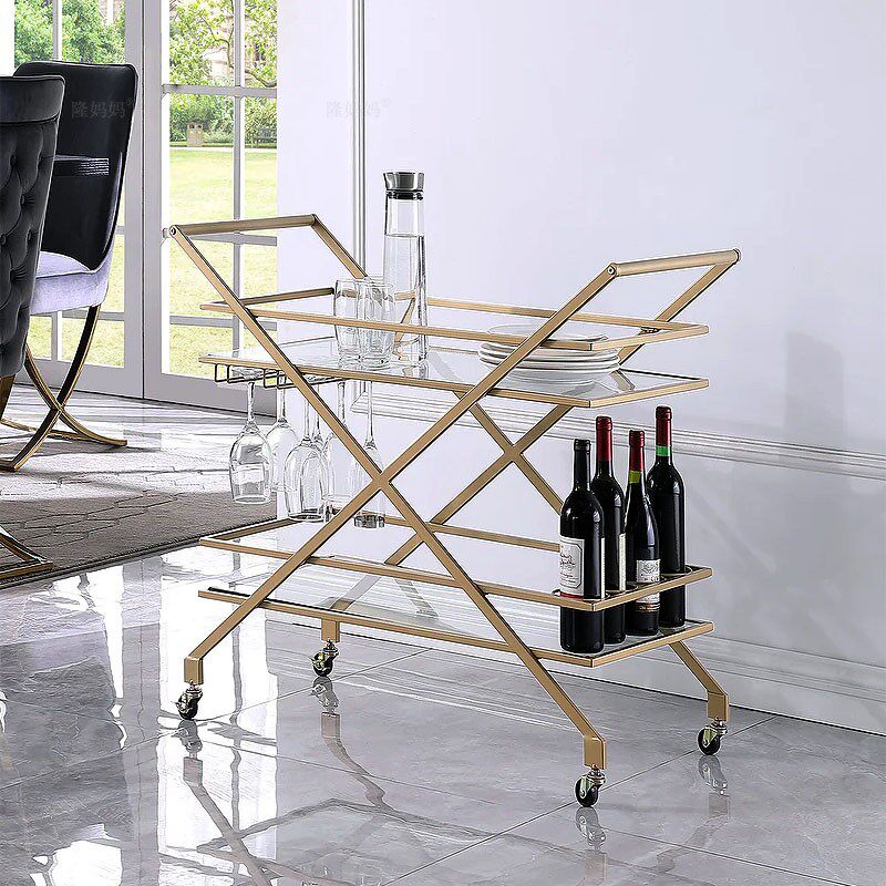 American Iron Art Mobile Delivery Dining Car Small Cart Hotel Double Wine Water Rack Tea Water Cabinet Personality Glass Gourmet Car