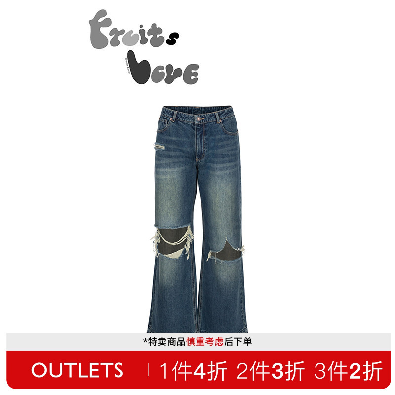 [Ready Stock Special Offer] Fruits Love Office Low-Waisted Ripped Wide-Leg Jeans
