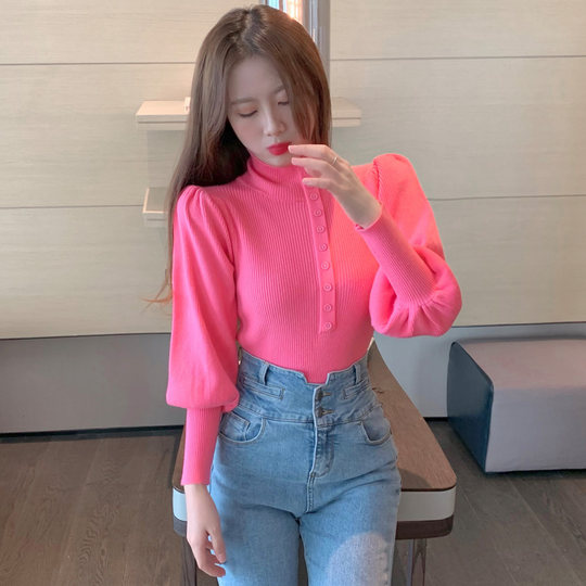 Real shot net red turtleneck sweater women's autumn and winter puff sleeve fashion knitwear long-sleeved bottoming top