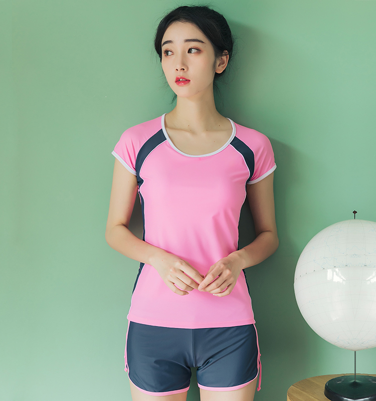 Áo tắm nữ bảo thủ boxer ngắn tay spa giảm béo bụng Hàn Quốc nhỏ tươi thể thao chia áo tắm đồ bơi 2 mảnh cho bé gái