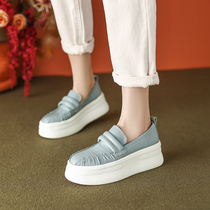 The upper foot has a sense of high-end ~ free and easy fashion British style thick-soled slim leather shoes for women genuine leather platform shoes