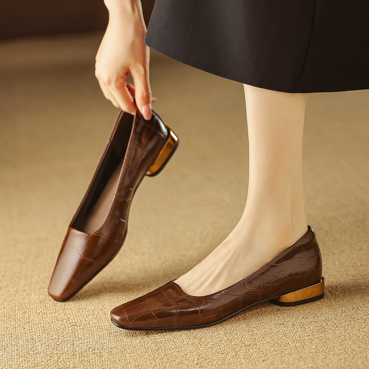 【Italy】Mariaconti ⭐ Heel Height 2cm~ French-Style Versatile Square-Toe Chunky Heel Lambskin Shallow Single Shoes