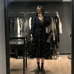 Real price black Hepburn dress retro knit stitched foam sleeve mid length skirt