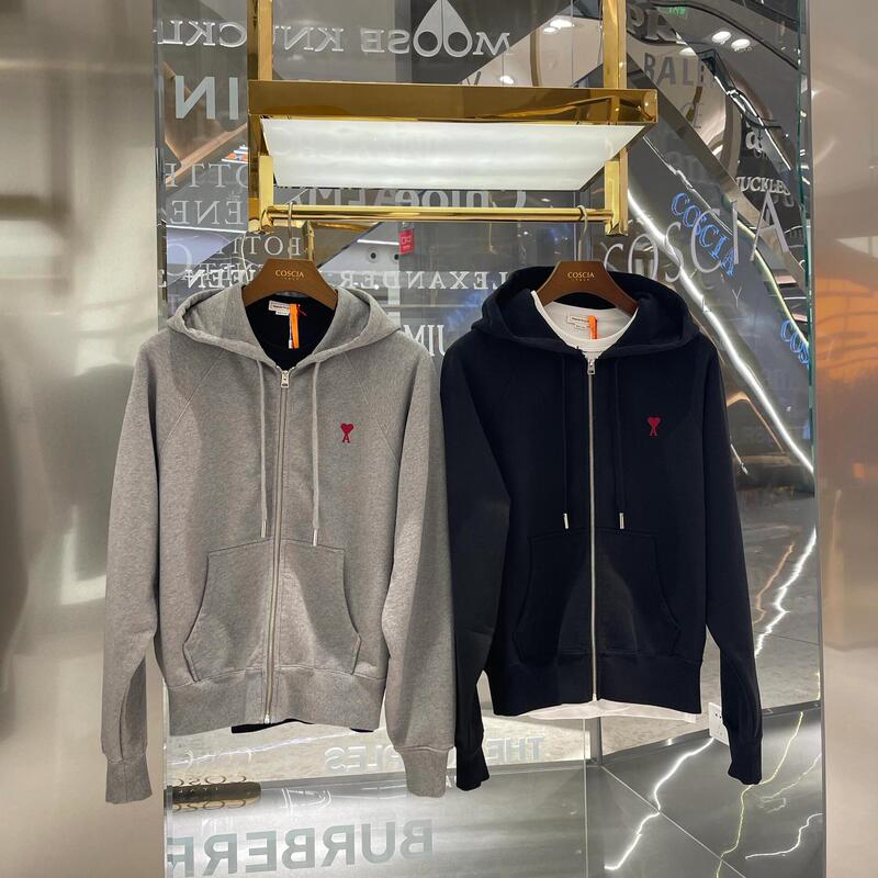 Ami Fari New Small Heart Cardigan Hooded Sweatshirt Embroidered Loose Fit Unisex Zipper Jacket