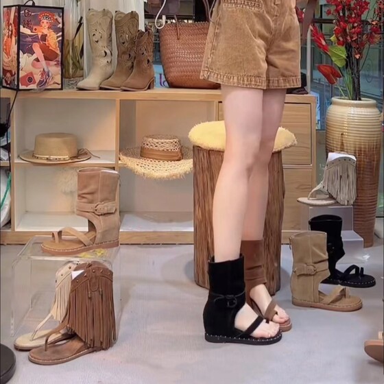 复古罗马套趾凉靴女2025年夏季新款坡跟高帮凉鞋内增高后拉链短靴