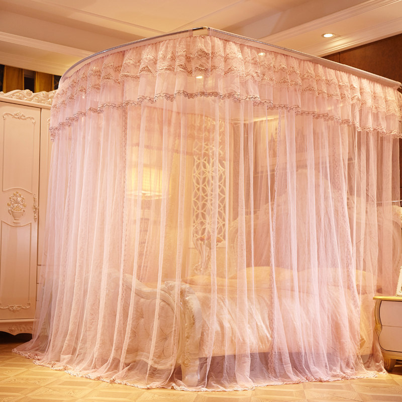 U-type guide telescopic mosquito net three doors open track palace floor landing princess wind 1 5 m 1 8m bed double home 2-Taobao