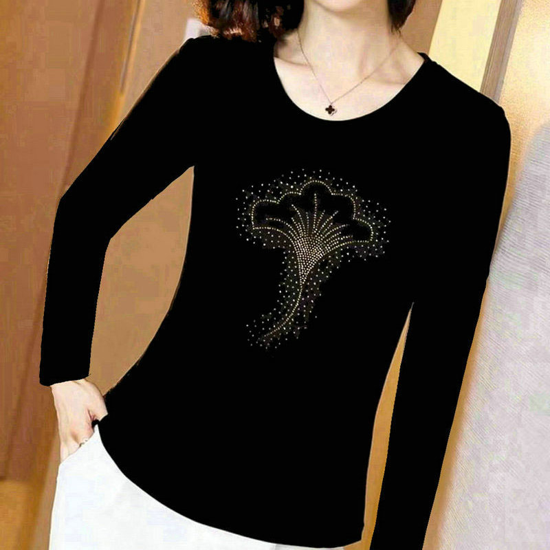 High-End Genuine Long-Sleeve Women's T-Shirt Top with Rhinestones, Loose Fit, Plus Size, Spring and Autumn Dance Wear, Modal Cotton Base Shirt