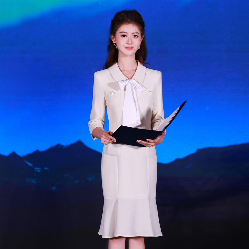 Fexiaoman Light Yellow Broadcasting and Performing Arts Exam Host Formal Wear Women's Waist-Cinching Three-Quarter Sleeve Fishtail Skirt Business Suit Dress