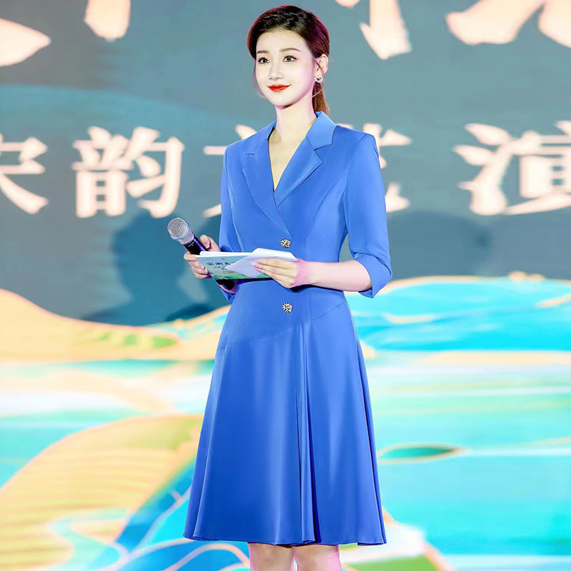Faxiaoman Blue Host Formal Attire for Women, Dignified and Elegant Suit Dress, High-End Photogenic Speech Contest Outfit