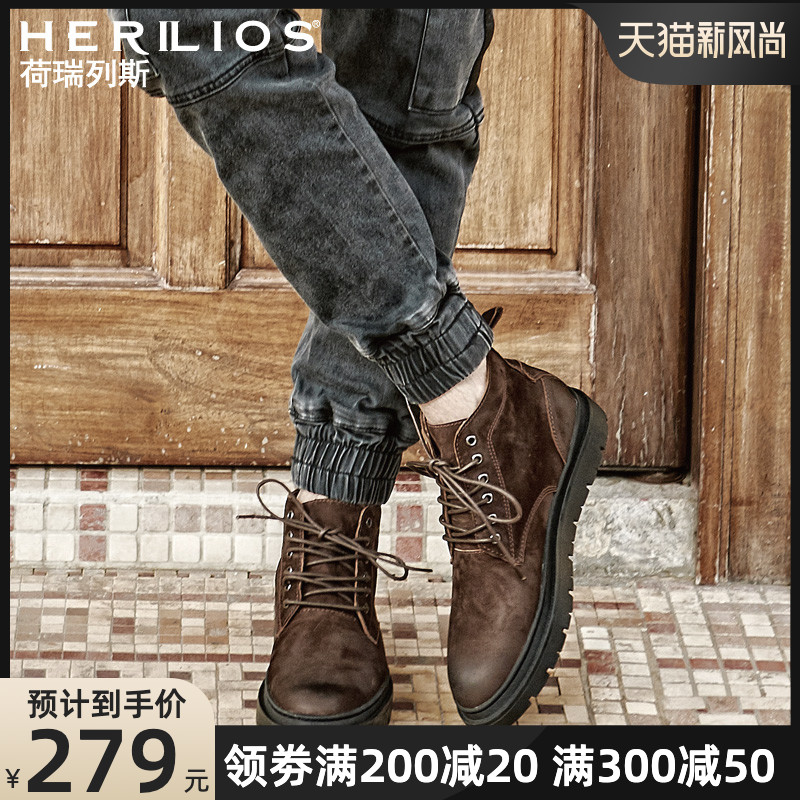 Men's boots genuine leather British old high barrel shoes Men's tooling summer Korean version retro Martin boots Men plus Velvet tide shoes