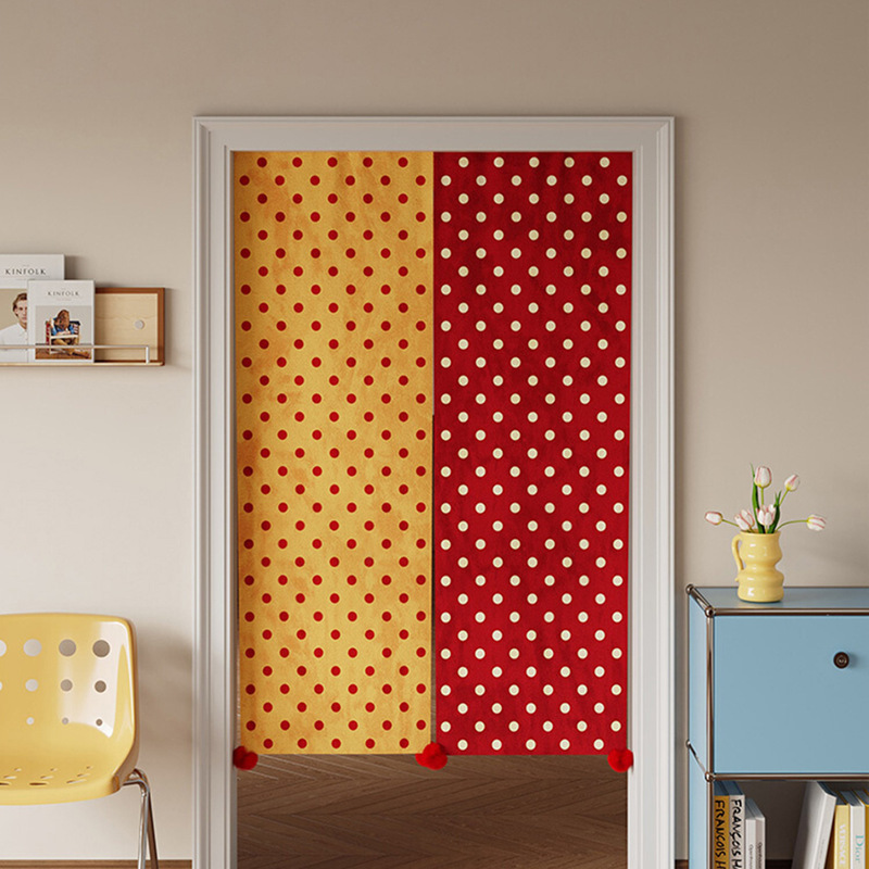 Retro Polka Dot Color-Block Door Curtain Korean Style Pom-Pom Partition Curtain Kitchen Oil-Proof Half-Open Bedroom No-Drill Partition Curtain