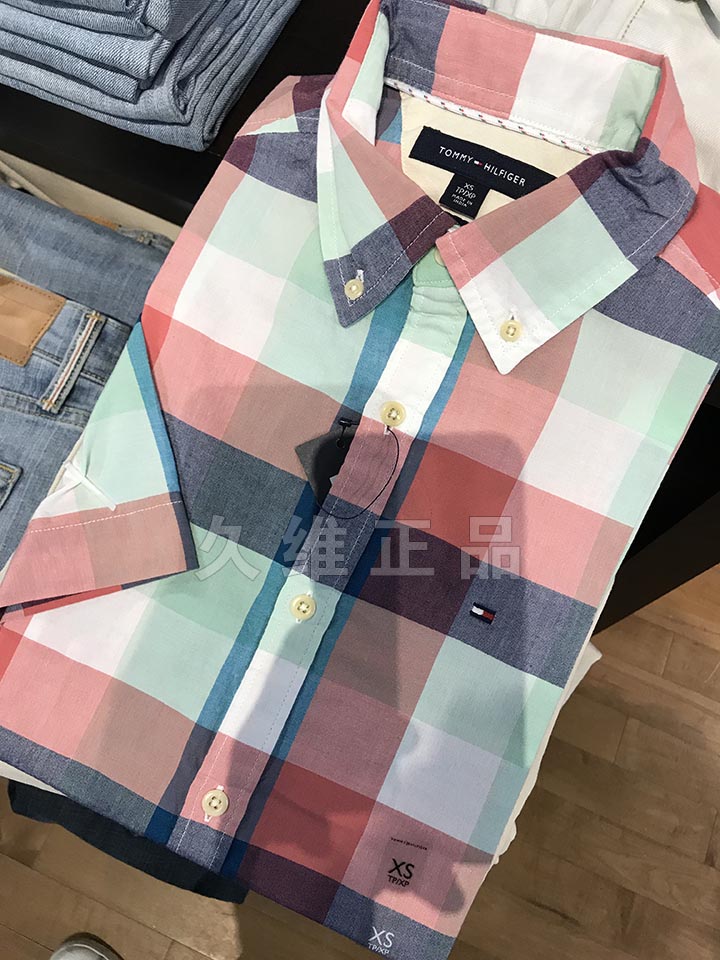 Jiuwei xác thực toàn cầu mua Tommy Hilfiger mùa hè mới phiên bản mỏng của bông thoải mái áo sơ mi ngắn tay áo sơ mi nam caro