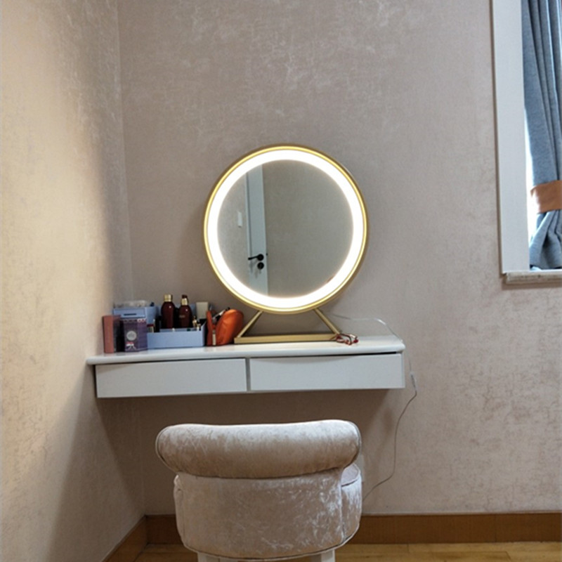 Bắc Âu vàng led đèn bàn tròn gương trang điểm rung động gió lưới gương đỏ với gương trang điểm tròn ánh sáng - Gương gương trang điểm để bàn