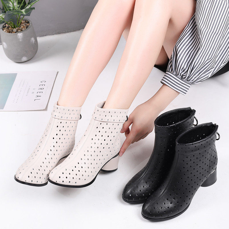 Spring hollowed-out boots rice white short boots women with genuine leather new coarse heel women boots big size for spring and autumn single boots