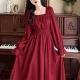 Plus-Size Retro Square-Neck Red Long Dress, New Autumn Style, Elegant Waist-Cinching Engagement Toast Dress