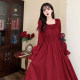 Plus-Size Retro Square-Neck Red Long Dress, New Autumn Style, Elegant Waist-Cinching Engagement Toast Dress