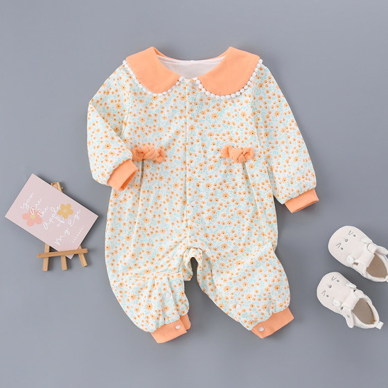 春秋装新生儿婴儿双层连体衣服纯棉01女宝宝外出哈衣保暖爬服外套