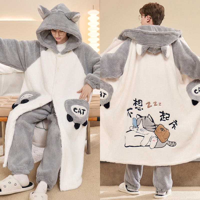 Autumn and Winter Pajamas for Men, Thickened and Warm, Coral Velvet, Large Size Hooded Nightgown, Youth Bathrobe, Home Wear Set