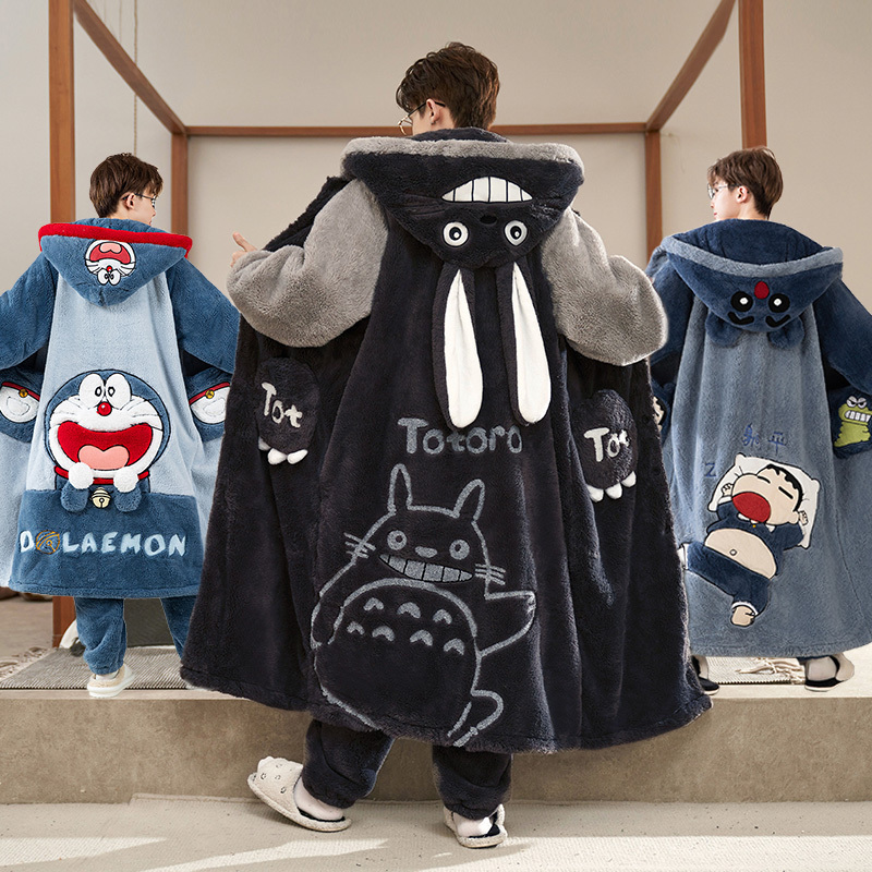 2025 Winter Thickened Coral Fleece Men's Cartoon Pajamas Hooded Robe Warm Loungewear Set Can Be Worn Outside