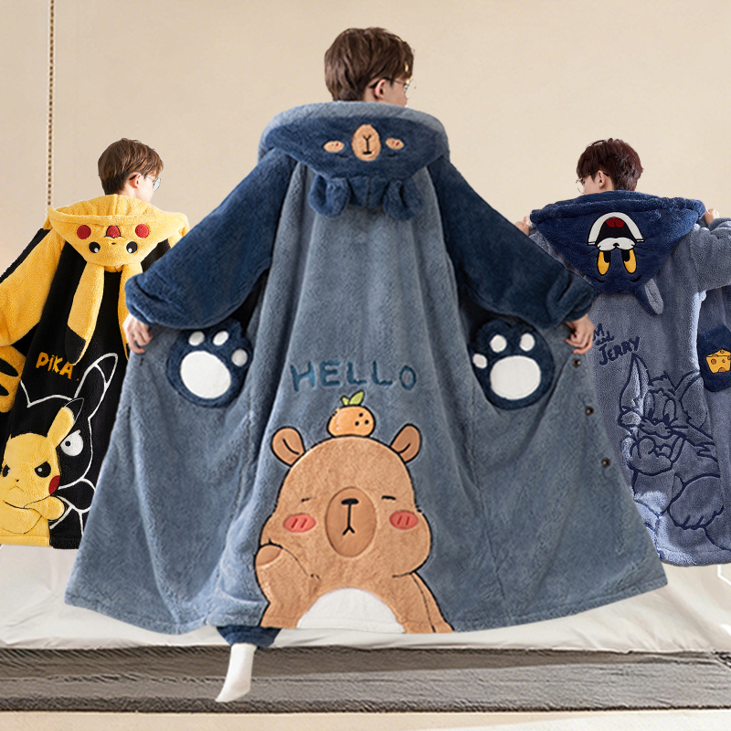 2025 Winter New Thickened Coral Fleece Cartoon Hooded Robe for Teenagers, Warm and Wearable as Outerwear, Home Wear Set