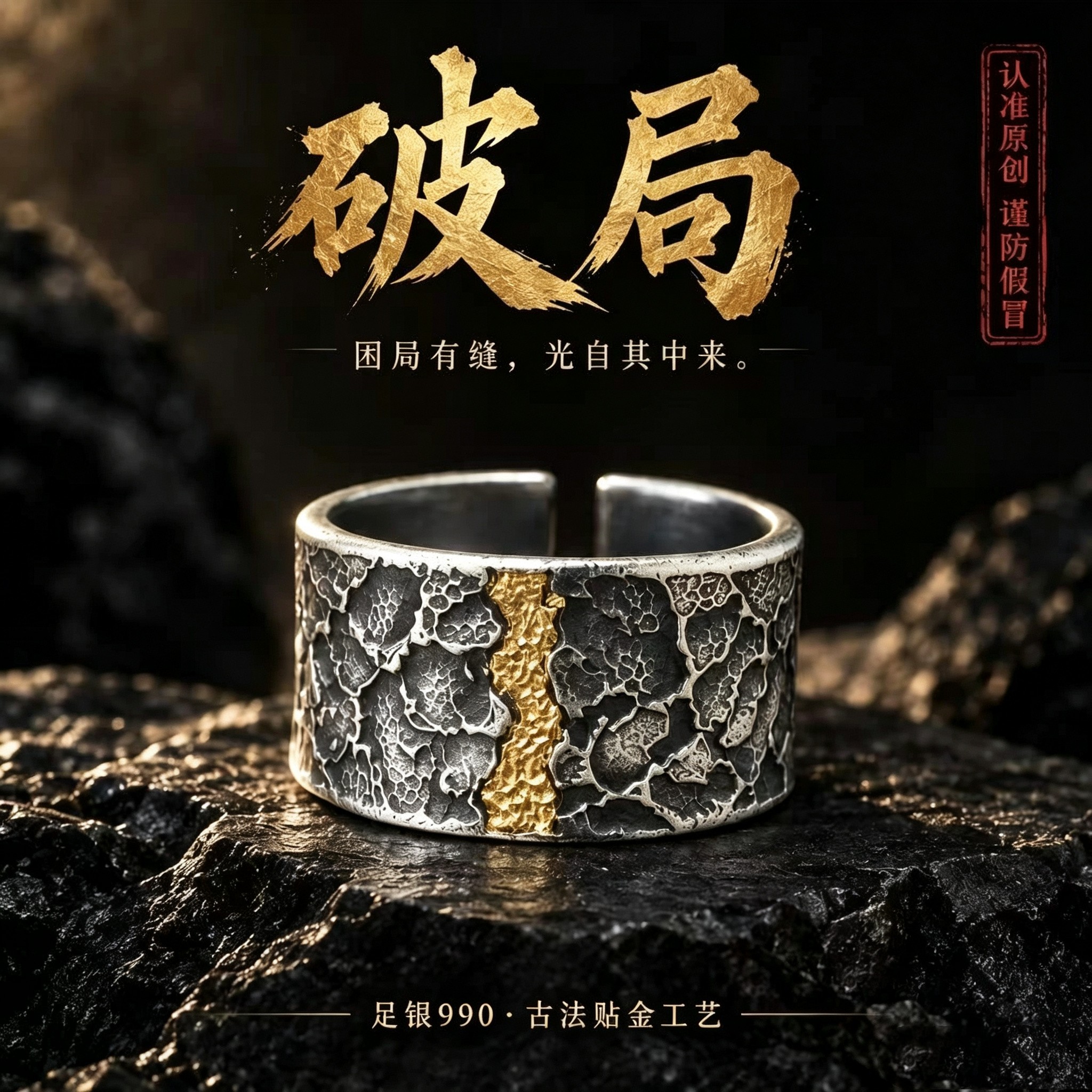 Pure silver and gold foil men's open ring