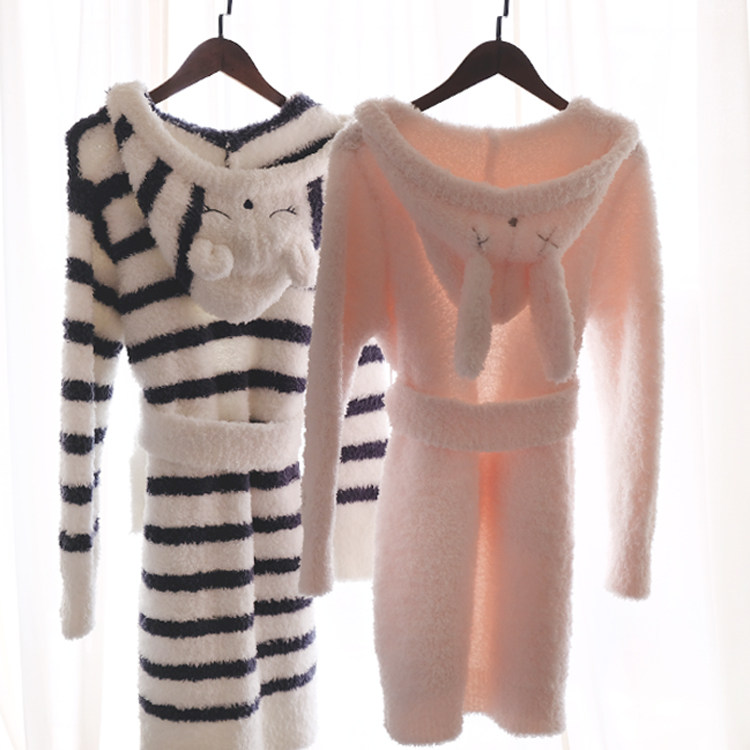 Cute fried girl heart soft thickened home wear nightgown jacket three-dimensional rabbit bear ears hooded pajamas