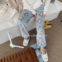 Autumn and winter double-sided thick coral velvet cartoon bear casual warm home pajama pants skin womens trousers pocket