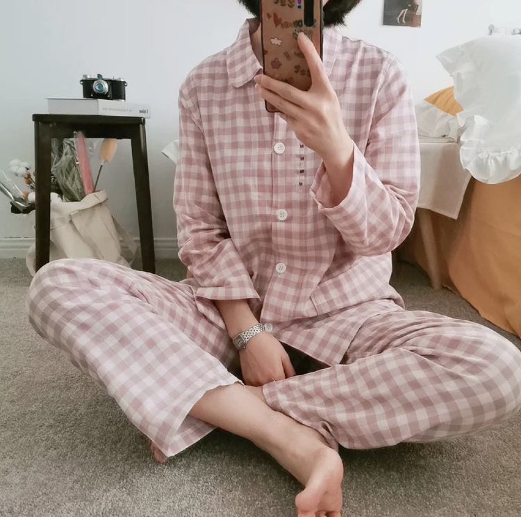 Couple's double layer yarn textured cotton sun system minimalist plaid long sleeve long pants stay-at-home pyjamas jacket set comfortable and breathable