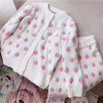 Good thick new strawberry autumn and winter thick soft cotton pullover round neck cardigan button home clothing pajamas set