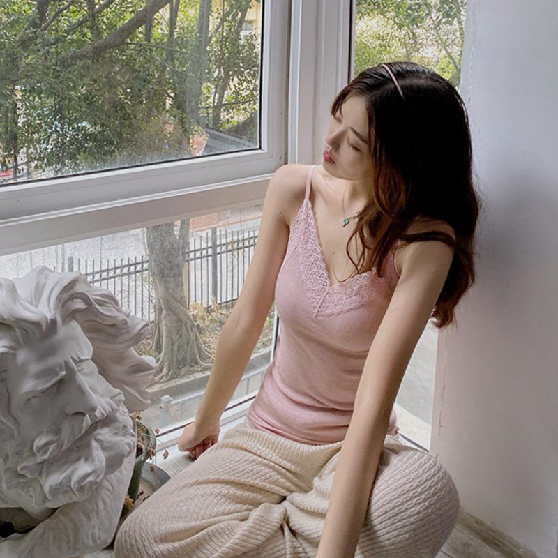 Bra-free velvet heating Japanese round neck cotton lace terry thickened warm camisole base shirt