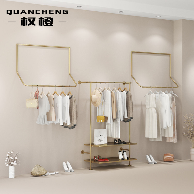Clothing store display rack display rack wall-mounted stainless steel titanium gold hanging clothes rack simple women's clothing shelf