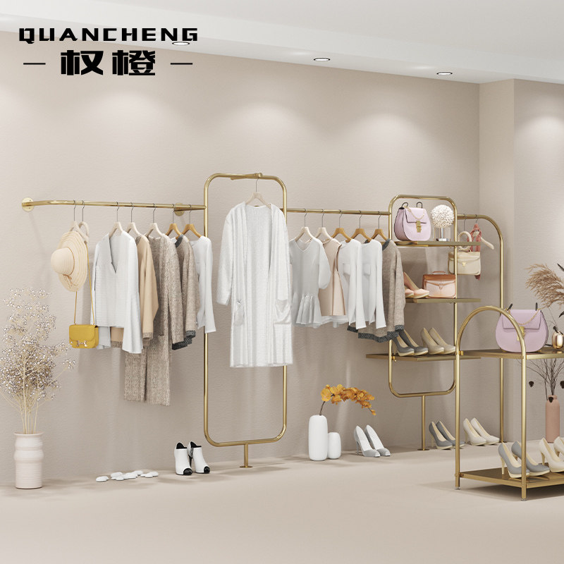 Online Red Clothing Store Leaning on wall Wall Hanging Stainless Steel Titanium Alloy Women's Clothing Store Special Hanging Clothes Show Shelf