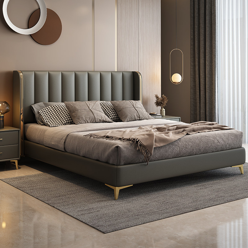 Nordic leather bed double bed ins Net red bed real leather bed bedroom modern simple wedding bed master bedroom light luxury Wind 1 8 meters