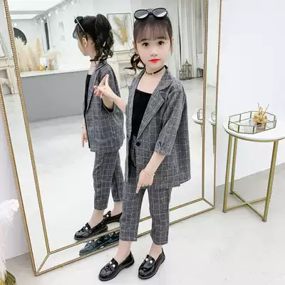 Girls ' suit suit 2021 spring and Autumn middle and large children's Western style fashionable British plaid small suit three-piece parent-child suit