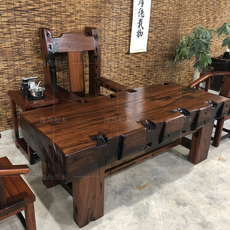 Old boat wood tea table and chairs combined double parquet cabin wood large plate tea table large bubble tea table original eco-ancient boat wood furniture-Taobao