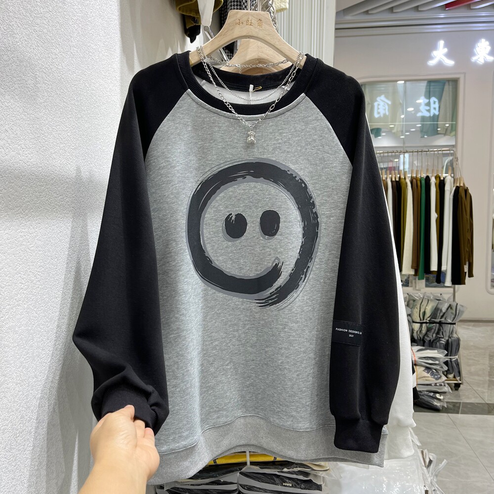Smile design coloured color color printed face jacket dress woman early autumn loose long sleeve tops tide