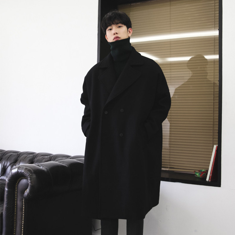 Winter coat men's black thickened hair in large coat with long and double rows of buttons to be slim and slim fit wool Coat Tide-Taobao