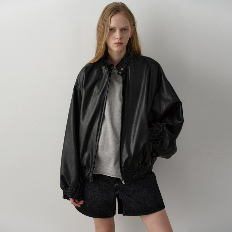 Facade Pattern Leather Jacket for Women, Spring and Autumn, High-End Feel, Loose Fit, Slimming, Stand Collar, Pilot Jacket