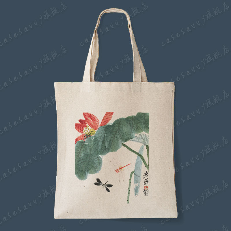 Qi Baishi Chinese painting one-shoulder canvas bag literary female ink painting messenger bag environmental protection portable shopping bag event gift