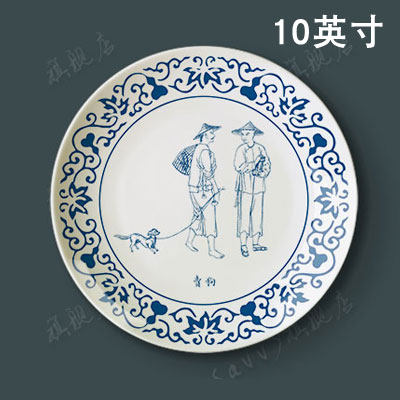 10-inch Qing Dynasty City View Three Rows Business People Green Flower Porcelain Dish Middle Dining Room Dining Hall Dining Room Decorated Hanging Pan Ceramic Pan