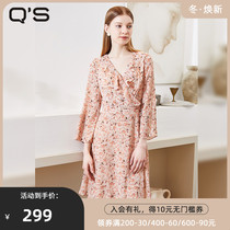 (Shopping mall same model) qs straw Spring Autumn New ruffle V-neck printed one-piece chiffon dress women